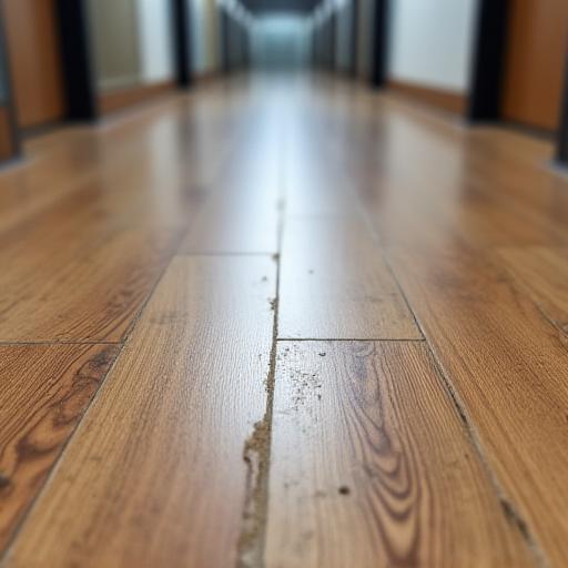 Dusty commercial laminate floor with scuffs before professional service