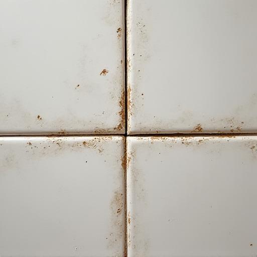 Shower grout with heavy lime scale buildup before cleaning